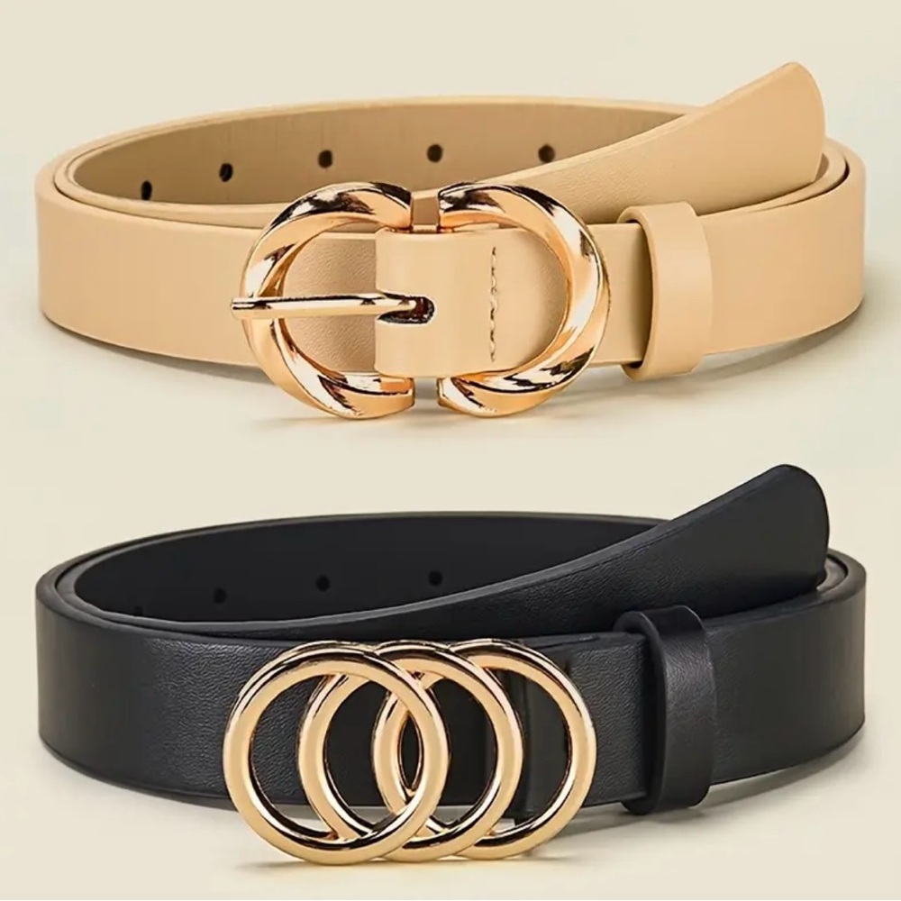 Chic Gold Buckle Belts – Beige & Black Duo